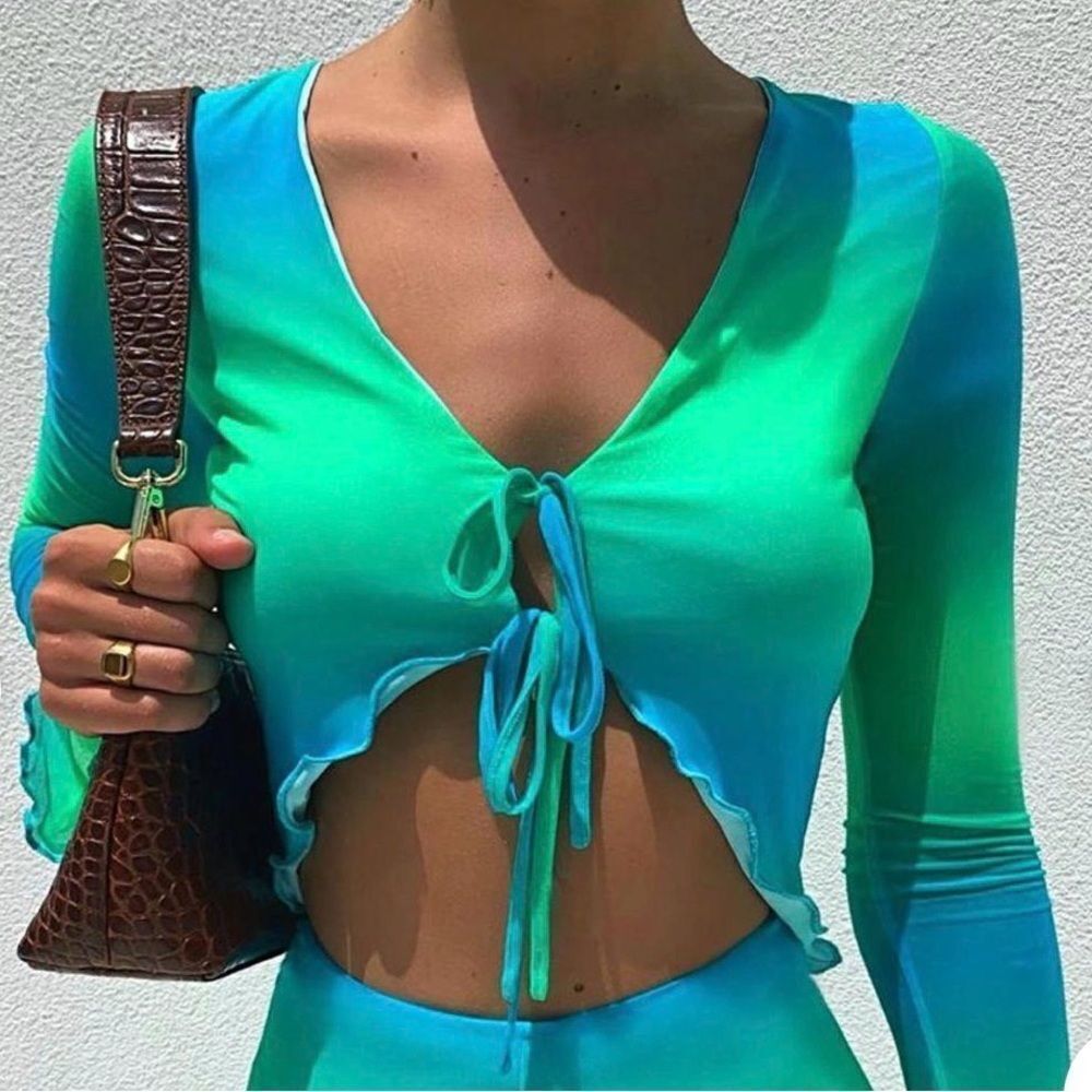 Tiger Mist Green and Blue Sunnie Tie-Front Top Sz XXS NWT